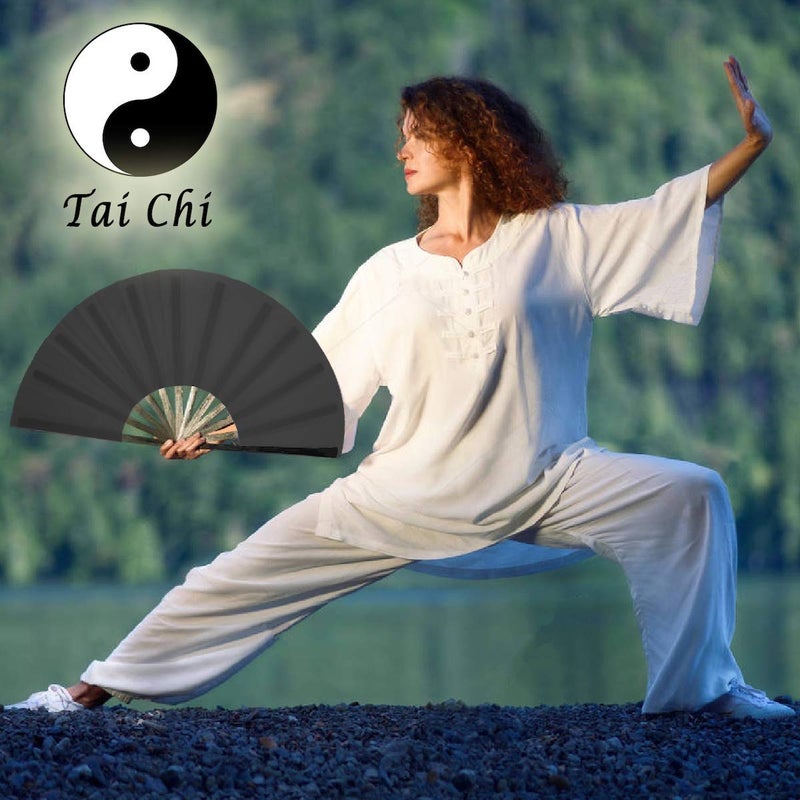 OMyTea Bamboo Large Rave Folding Hand Fan for Men/Women - Chinese Japanese Kung Fu Tai Chi Handheld Fan with Fabric Case - for Performance, Decorations, Dancing, Festival, Gift (Black) - Image 3